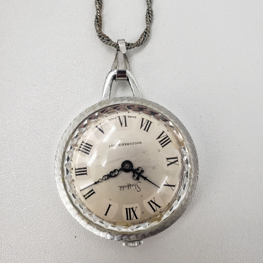 Vintage Sheffield Pendant Necklace Watch Silver Tone Roman Numerals